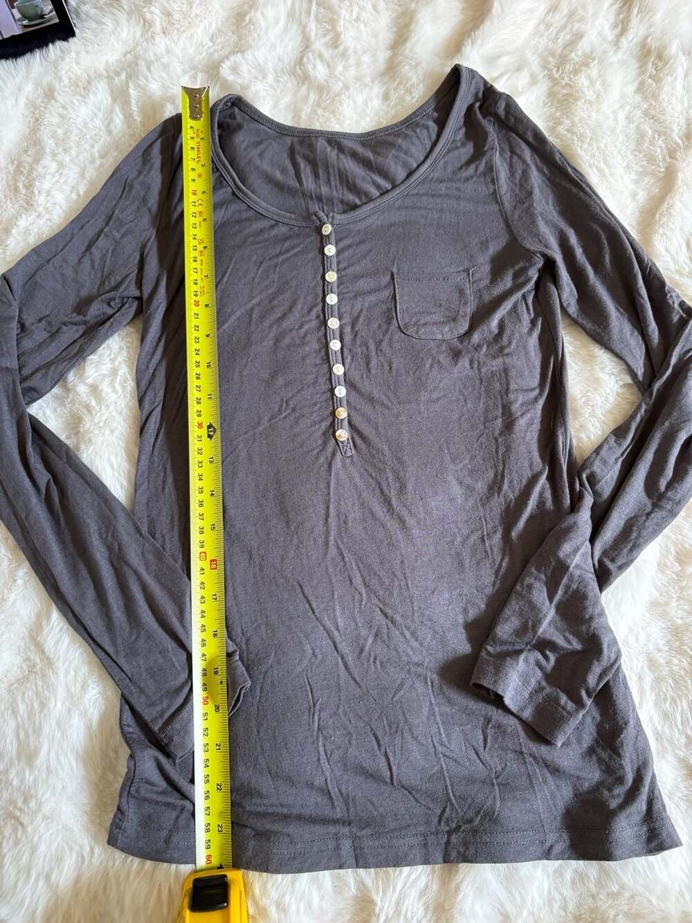 Long Sleeve Henley T-Shirt Size L Grey Cotton Pocket - Picture 2 of 3